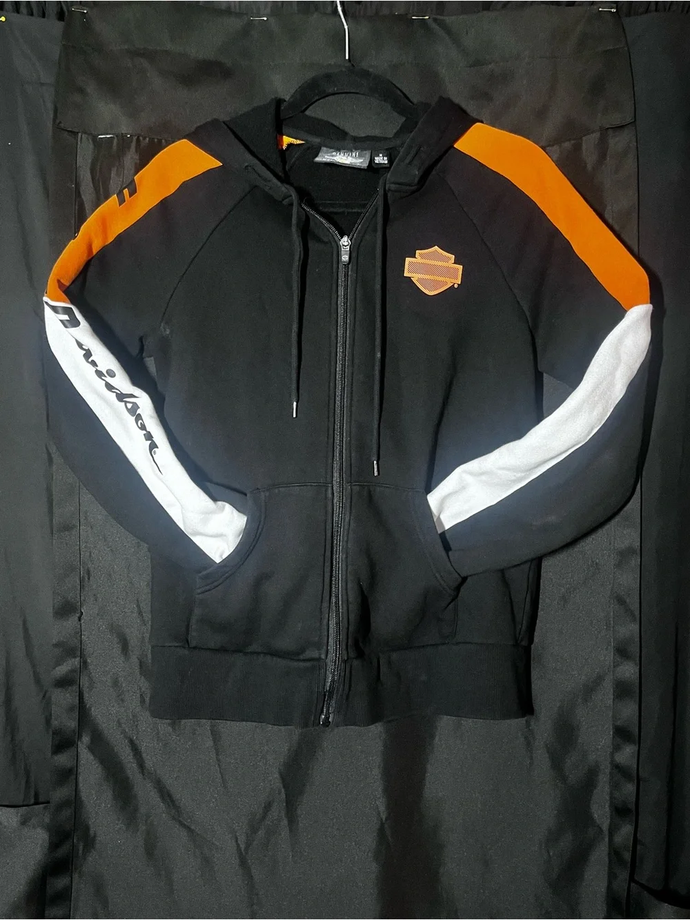 Harley-Davidson Black Zip Hoodie with Orange & White Accents